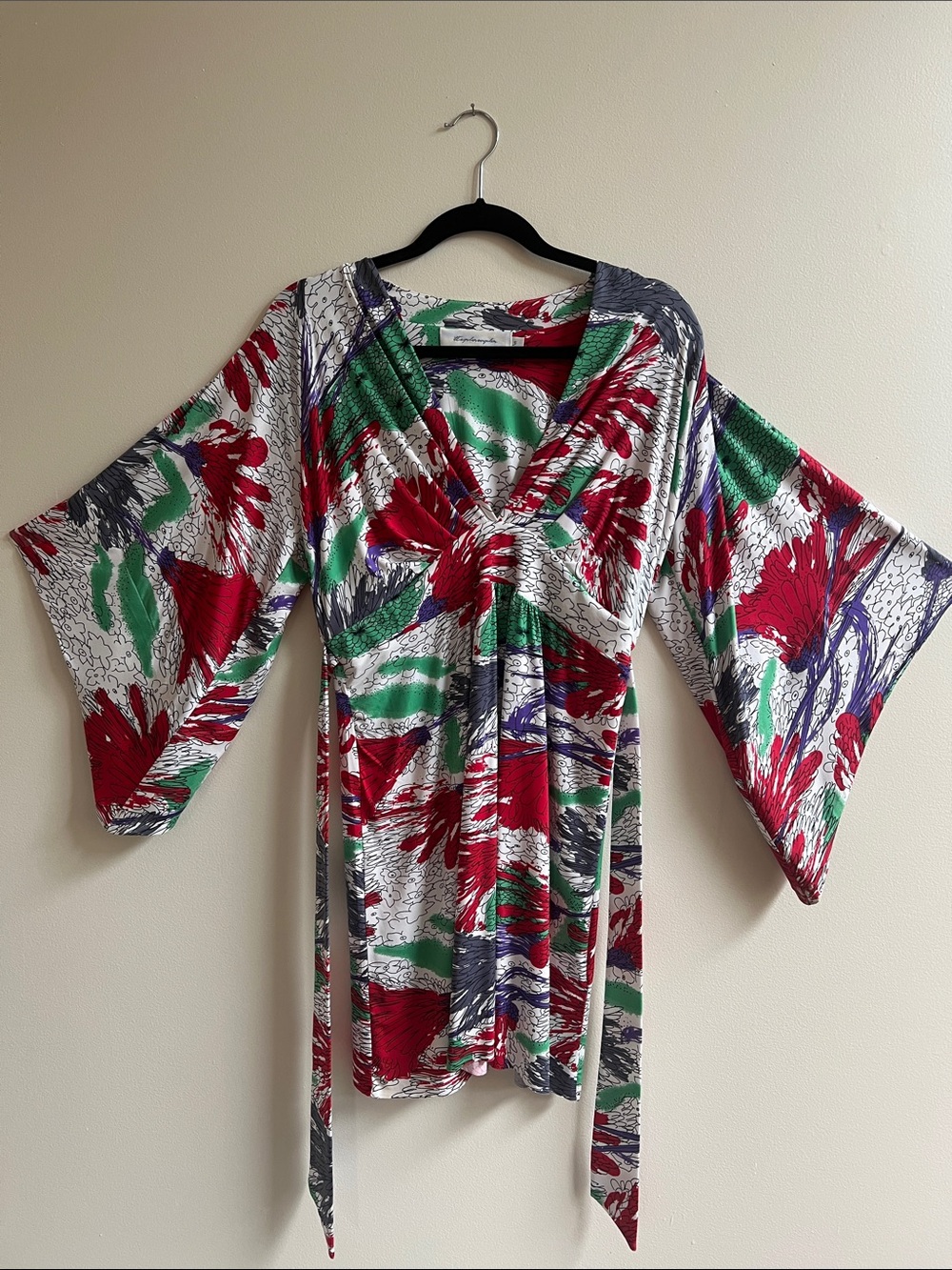 T-Bags Multicolor Floral Kimono Mini Dress V neck Long sleeve Empire waist CUTE - Picture 4 of 16